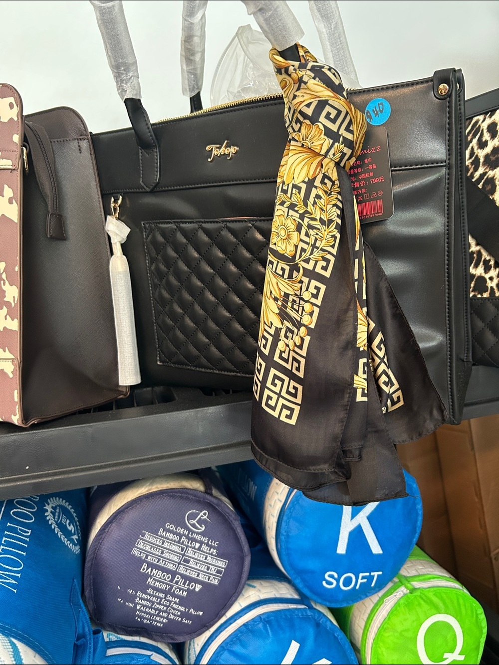 Unbranded Men's Black Quilted Tote Bag with Decorative Scarf